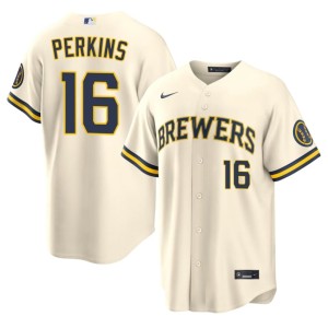The True Blue Brew Crew Blake Perkins Mens #16 Authentic Cream Jersey 271846-779