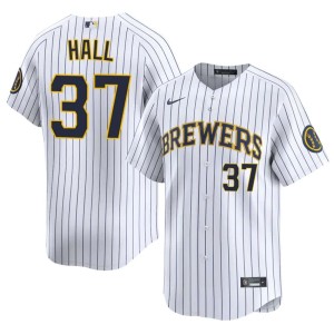 Los Cerveceros DL Hall MLB #37 Men White Jerseys 474474-528
