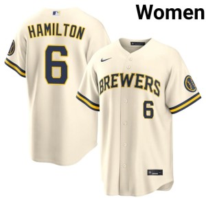 Los Cerveceros MLB David Hamilton Cream #6 Womens Jerseys 528009-807