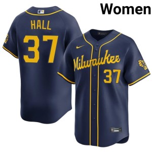 Brewers #37 DL Hall Embroidery Navy Womens Jerseys 545066-132