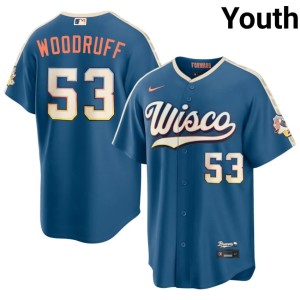 MIL Brewers Youth Blue Embroidery Brandon Woodruff City Connect #53 Jerseys 671486-575